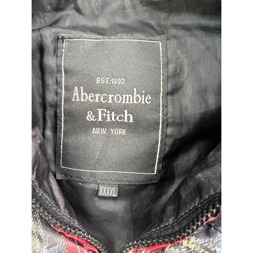 Abercrombie & Fitch Puffer Vest Men XXXXL Red Grey Plaid Hooded Full Zip Quilted - Picture 2 of 4